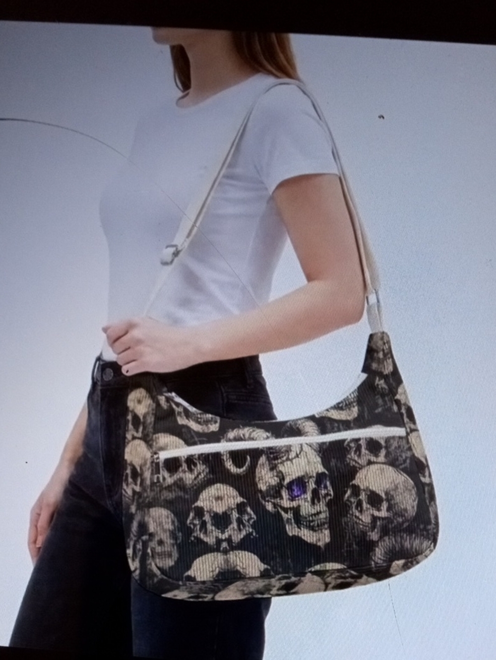 Skull Print Shoulder Bag in Black and Cream Purple